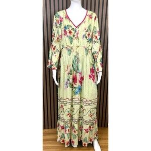 Anthropologie Me 2 Magic Women's Maxi Dress Green Vicose 3X Floral Boho Peasant